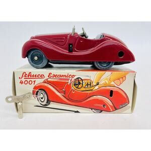 Schuco Examico 4001 Wind-Up Metal Car Maroon / Red Tinplate w/ Key West Germany